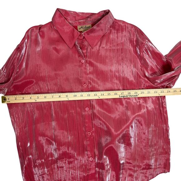 Vintage Milano Metallic Pink Crinkle Button Down Blouse XL Y2K Glam Party Top - Picture 10 of 10